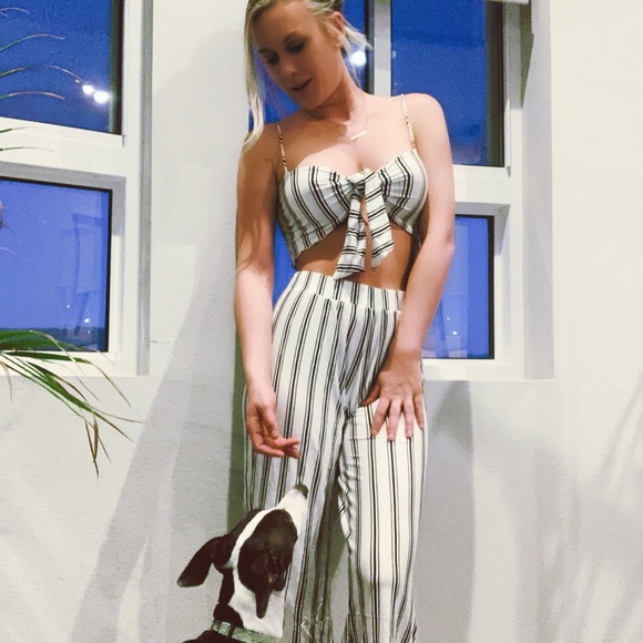 Staci Striped Tie Top and Flare Pants Set In White - Picture 3 of 7